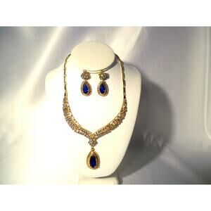 Blue rhinestone 4pc necklace set bridal  prom party evening tear drop necklace